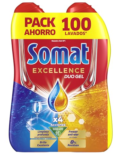 Somat Excellence Gel Frescor Anti-Olor (100 lavados), detergente lavavajillas desengrasante, lavavajilla líquido automático en botella, jabón para platos con vinagre