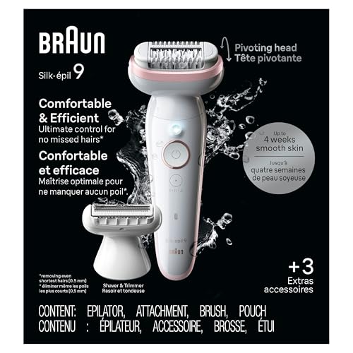 Braun Epilator Silk-épil 9, Hair Removal Device, Women Shaver & Trimmer, Pivoting Head, Wet and Dry Epilator, Includes Shaver Head and Trimmer Comb, SES9-030 - image 8