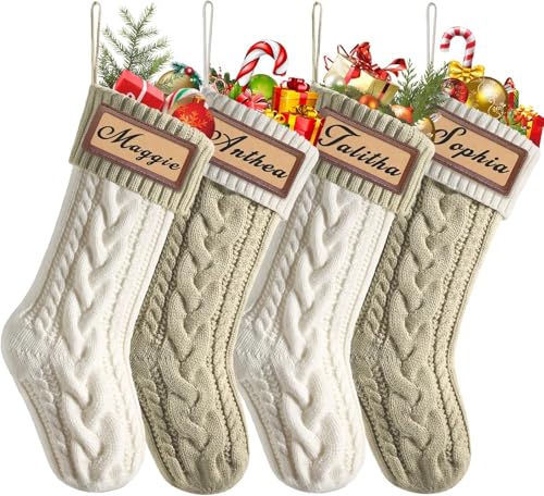 Weldomcor 4 Piezas Calcetines Navidad Personalizados con Nombre, 46 cm Medias de Navidad de Punto Navidad Chimenea Árbol de Navideña Calcetín de Decoración para Llenar y Colgar (Caqui, Blanco)