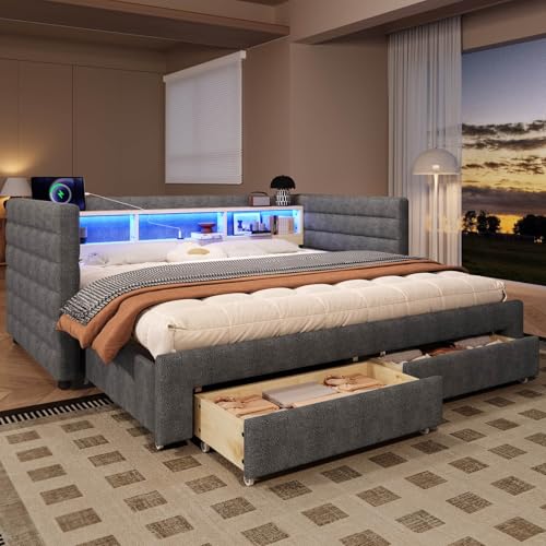 EURHCIO Canapé Lit 2 Personnes 90/180x190 avec lit Gigogne,Lit Double avec Port USB-C,Éclairage LED Réglable,2 Tiroirs,Étagères,Velours,pour Adolescents...