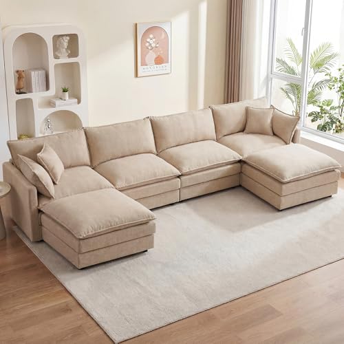 Image of 106.3 inch U Shaped Modular Sectional Sofa, Comfy Upholstery Chenille Cloud Couch with Ottoman, Modern 4-Seat Deep Seat Sofa with Pillow for Living Room, Bedroom, Apartment, Coffee Brown