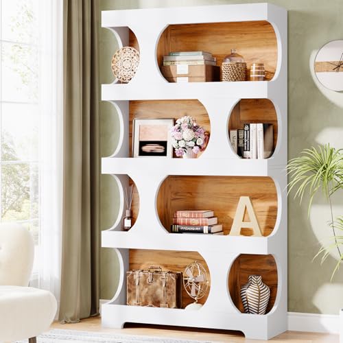 Image of Tribesigns 71 inch Tall Bookcase, 4-Tier S-Shaped Bookshelf, Wood Decorative Storage Shelving, Modern Freestanding Display Shelves, Large Library Book Shelf Unit for Home Office Living Room, White & Brown