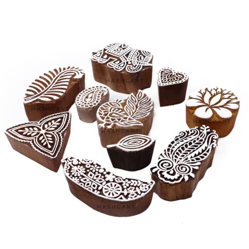 Image of Set of 10 | Wood Stamps Multi Shapes Tree, Floral & Animal Printing Blocks for Scrapbooking | Kids Project | Art Craft | Handmade Stamps for Tattoo Print | Project Making