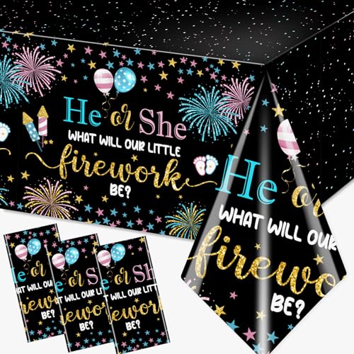 Image of Juweked 3Pcs Gender Reveal Table Cloths Fireworks 4th of July Tablecloth Plastic He or She Table Cloth Rectangle Gender Reveal Table Decorations Independence Day Tablecloth Baby Shower Table Cover