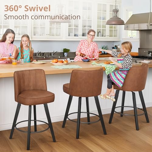 Image of LUE BONA 360-degree Swivel Bar Stools Set of 2, 26 inch Counter Height Bar Stools with High Back and Wood Legs, Morden Faux Leather Upholstered Barstools for Kitchen Counter