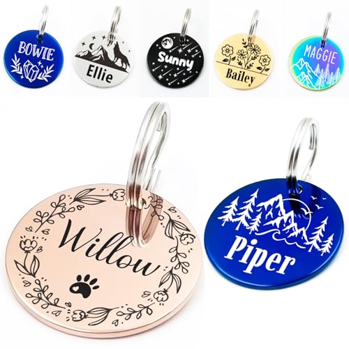 Personalized Pet ID Tags Customizable Hexagon Bone and Round Shapes Multiple Designs with Mountain Floral and Night Sky Patterns Stainless Steel Dog and Cat Tags (Circle)
