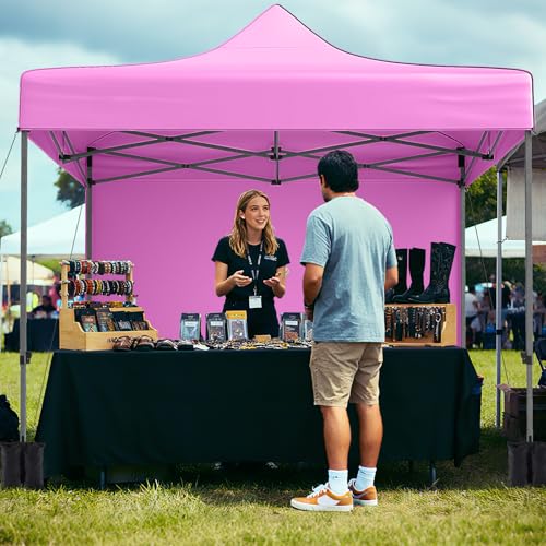Image of Tangkula 10x10 FT Pop Up Canopy, Outdoor Tent with 4 Removable Sidewalls, Carbon Steel Frame, 4 Sandbags, 8 Stake & 4 Ropes, Wheeled Bag, Portable Canopy Tent for Party Event Camping (Pink)