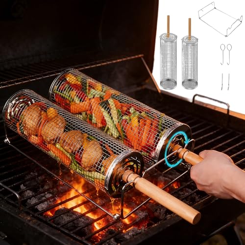 2PCS Rolling Grill Basket Grilling Accessories - Removable Wooden Handle, 304 Stainless Steel,Nesting Barbecue Tools,Smoker BBQ Accessories for Vagetable,Outdoor Cooking Camping,Picnic,Dinner Party