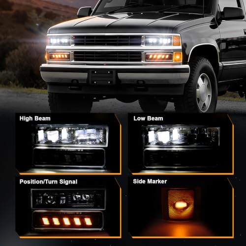 RAMJET4X4 DOT LED Headlight Assembly 600% Bright Anti-glare Hi/Low Beam Turn Signal Side Maker Fit for OBS 1994-1999 Chevy Silverado C10 Tahoe Suburban C/K 1500 2500 3500 (NOT FIT for GMC) — view 4
