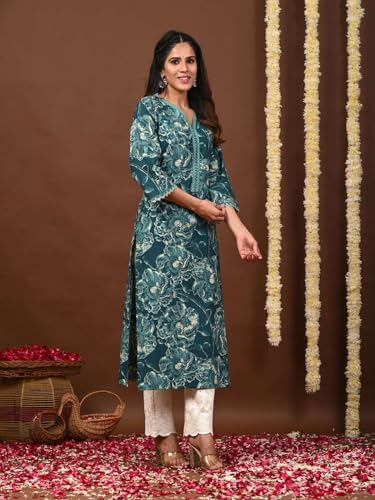 Image of Rimeline Women's Cotton Printed Kurta with Lace-Trim V-Neckline | Straight Fit Ethnic Wear for Festive, Casual & Office Use
