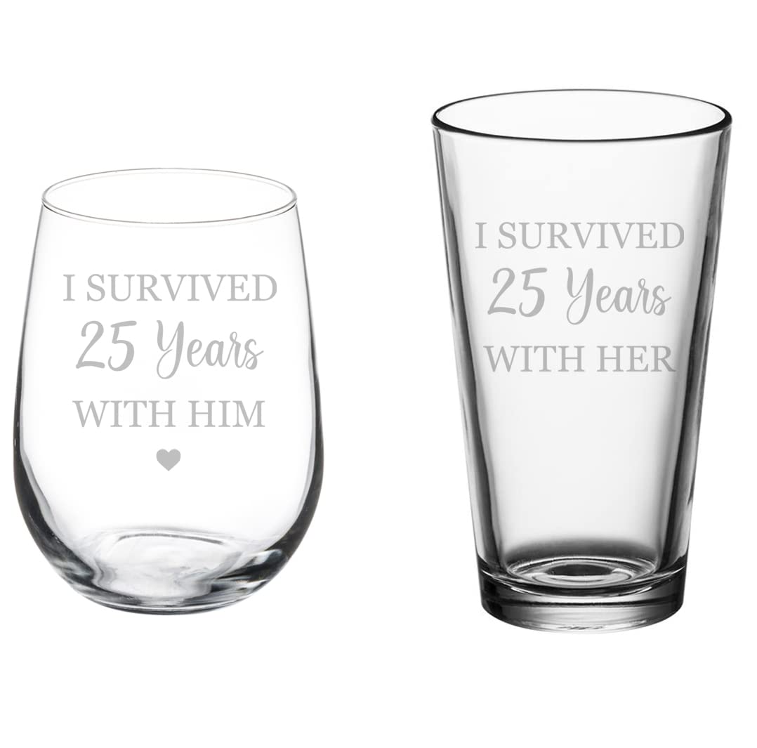 Amazon.com | MIP Set of 2 Glasses Stemless WINE & Beer PINT Glass Gift I  Survived 25 Years 25th Anniversary: Wine Glasses