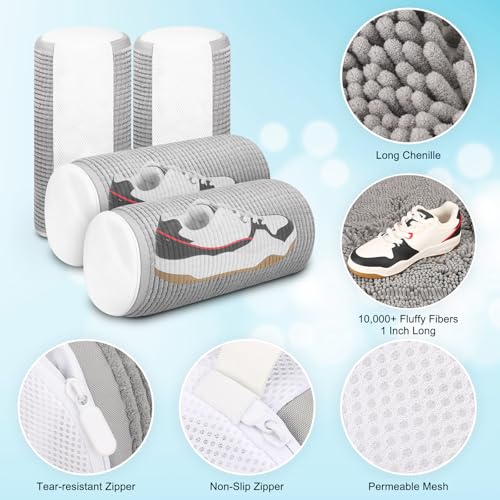 2 Pcs Shoe Washing Machine Bag, Laundry Shoe Bag for Washer and Dryer, Reusable Zipper Shoe Mesh Cleaning Bag Fluffy Fiber Inside, with Insole and Shoe Lace Pocket (Grey)3