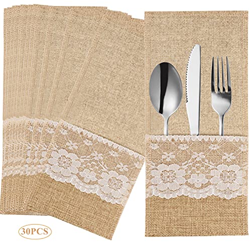 30 Pack Natural Burlap Cutlery Pouch,Burlap Silverware Holders Silverware Bags, Hessian Burlap Lace Utensil Napkin Holders, Knifes Forks Bag with Cotton Inner for Vintage Wedding Christmas by Gbateri