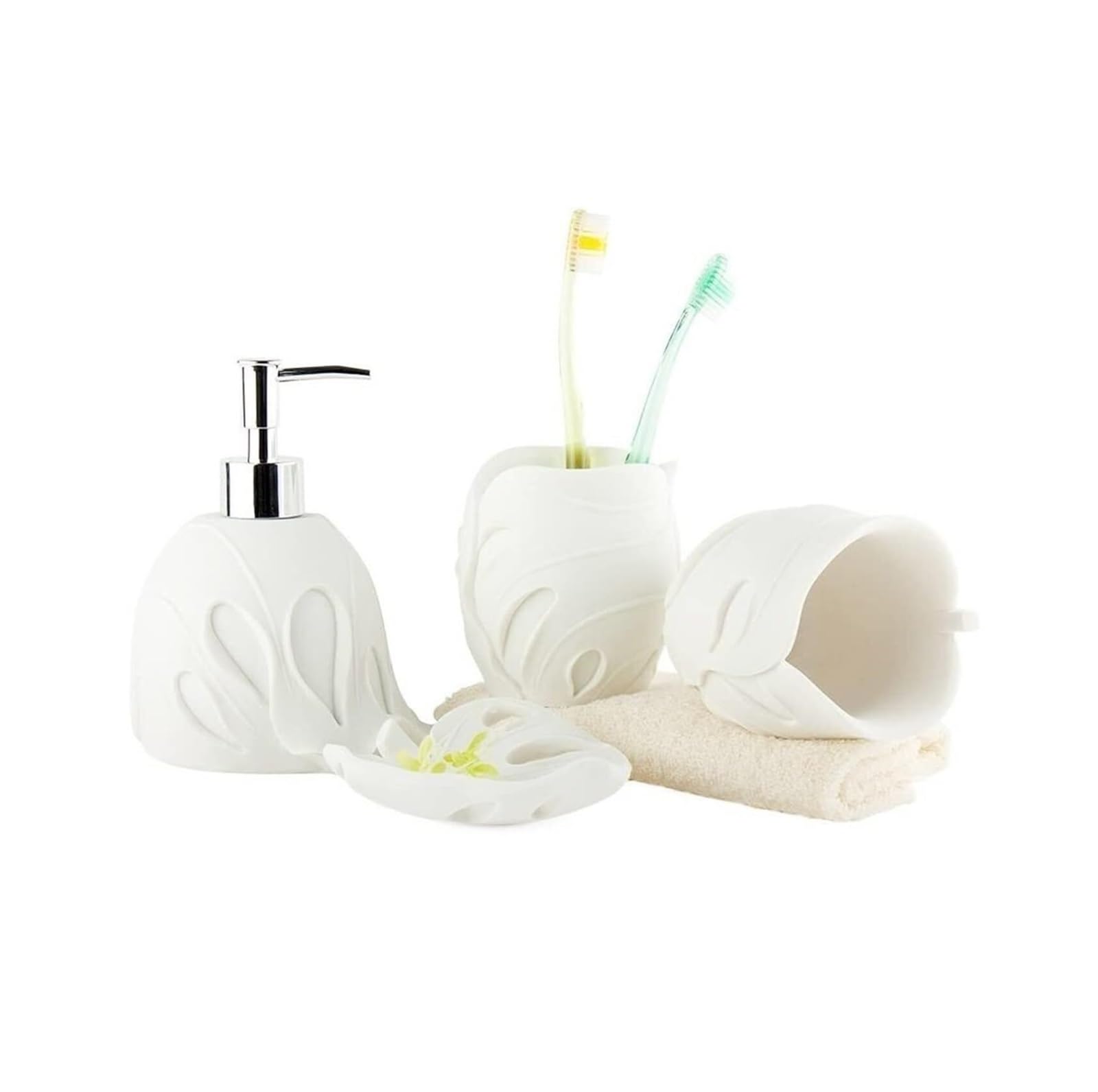 Set di accessori per il bagno Vassoio portasapone in pietra arenaria a forma di foglia, 4 pezzi, incluso, decorazione costiera for il bagno (verde) Arredamento per gli affittuari(White)