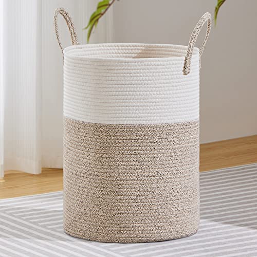 Image of VIPOSCO 100L Extra Large Woven Laundry Basket Hamper, White Brown | Cotton rope laundry hamper, collapsible wicker basket, storage for blanket, toys, dirty clothes, for bedroom, bathroom