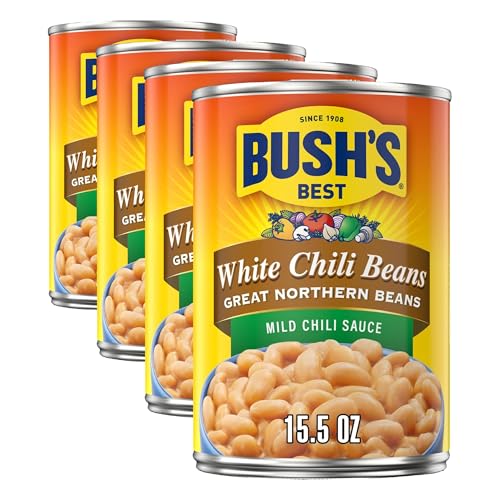 BUSH'S BEST Whilte Chili Beans in a Mild Chili Sauce, Source Of Plant Based Protein And Fiber, Low Fat, Gluten Free, 15.5 oz (Pack of 4)