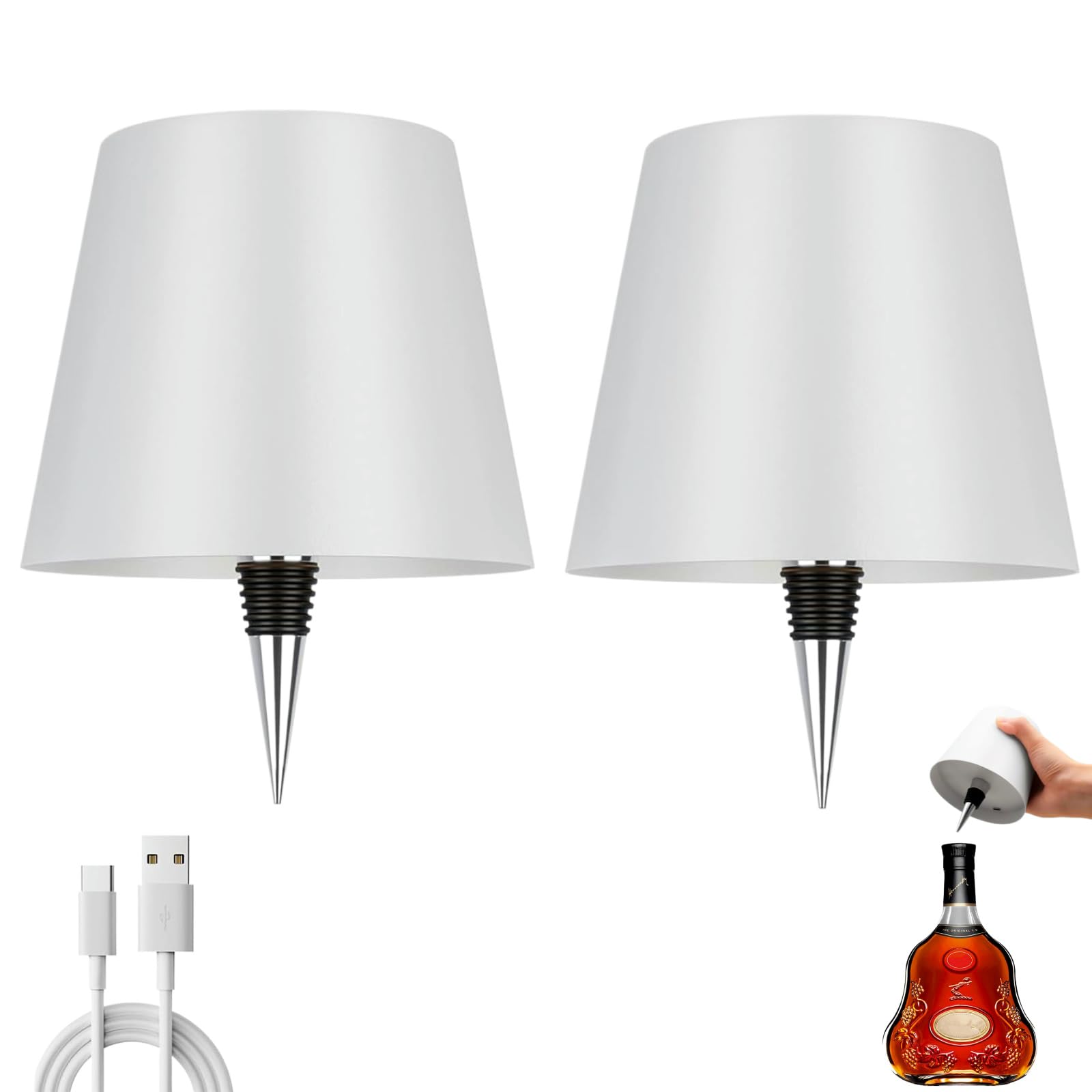 Brabola Wireless Wine Bottle Lamp, Liquor Bottle Light Rechargeable Touch Control Cordless Table Lamp with 3 Color Dimmable for Restaurant, Home, Bar, Office, Christmas (White, 2 Pcs)