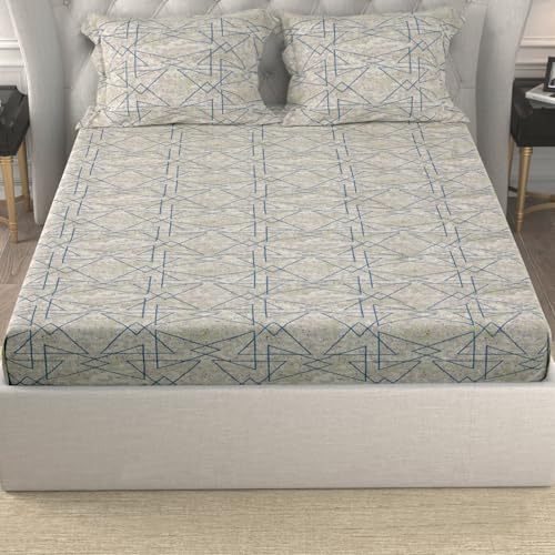 Image of Cloth Fusion Glace Cotton Elastic Fitted Bedsheet King Size with 2 Pillow Covers (78X72 inches, Scribble Lines)