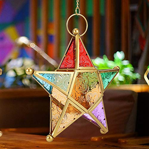 Hanging Candle Holder, Glass Votive Candle Holders Morocco Iron Star Lantern Tea Light Holders Coloured Glasses Lantern Star Metal Art Garden Outdoor Terrace Ornament(Gold) #TOP1