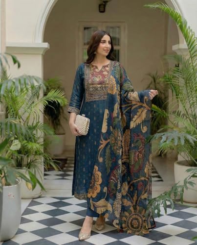 Image of ANNI Designer Women's Viscose Blend Printed Straight Kurta with Pant & Dupatta | Ethnic Suit Set for Women | Festive Kurta Set | Casual Office Traditional Outfit