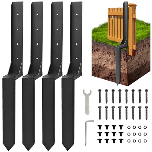 Fence Post Repair Kit Thickened Heavy Duty Fence Post Anchor Stakes for Repair Tilted Broken Wood Posts Support (Black 4 Pack)