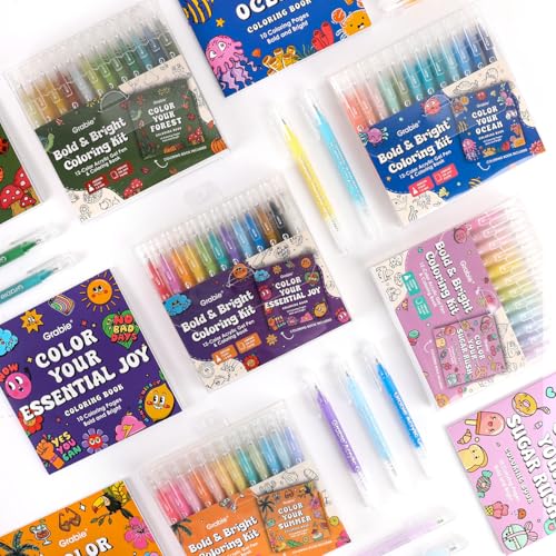 Grabie Acrylic Gel Pens Coloring Kit with Book, Pack of 5 Themes colors | 1.0mm Medium Ti…