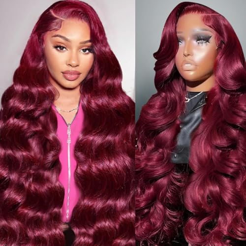Image of 34 Inch 99j Burgundy 13x4 Lace Front Wigs Human Hair Glueless Wine Red Colored Body Wave Lace Front Wigs with Baby Hair Pre Plucked 180 Density HD Transparent Lace Frontal Wigs for Women
