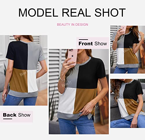 Shewin 2022 Women's Color Block T-Shirts Summer Sexy Short Sleeve Crewneck Loose Tee Tunic Tops T Shirt For Womens,Us 16-18(Xl),Grey,Black,White,Khaki #TOP2