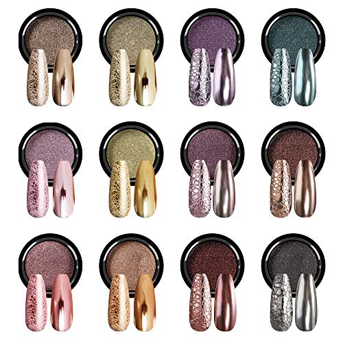 Saviland Chrome Nail Powder Set - Holographic Nail Powder 12 Colors Mirror and Bubble Effect Nail Art Decoration Manicure Pigment Set