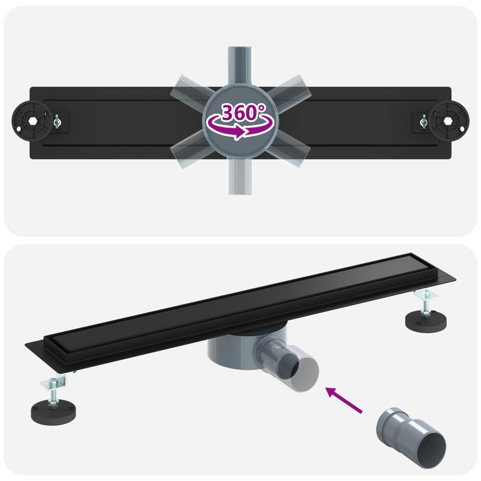 Desagüe de ducha 2 en 1 con sifón de 360°, negro, 60 cm, acero inoxidable 304, desagüe de desagüe con cierre de olor, para ducha, baño, cocina, sanitario, altura regulable 0 30 mm, apto para