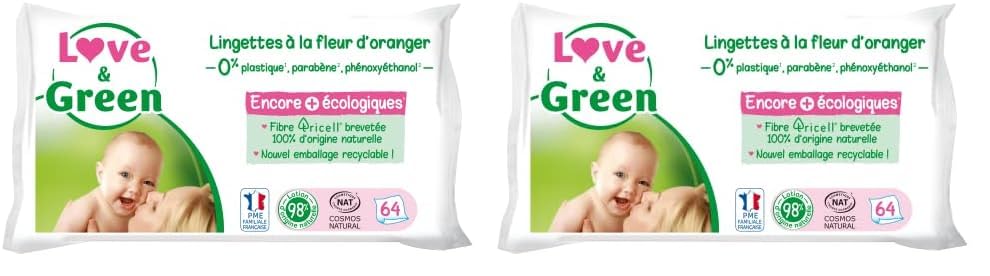 Love & Green Lingettes à la Fleur d'Oranger Saines et Ecologiques - Paquet de 64 Lingettes - Certifiée Cosmo Natural par ECOCERT et FSC - Emballage recyclable (Lot de...
