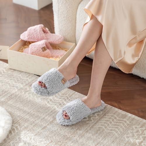 Image of GOEWY Fuzzy Open Toe Slippers for Women Indoor Cozy Memory Foam Slip On House Slides Shoes Gifts for Womens Her Mom