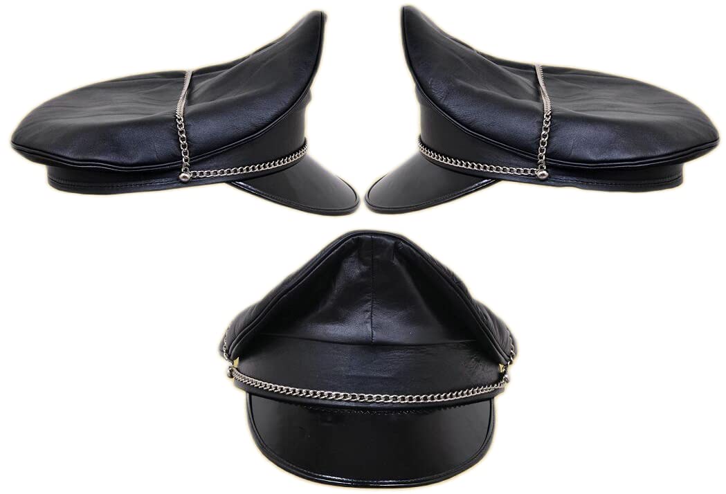 Kn Unisex Black Genuine Leather Army Muir Biker Peaked Police Gay Bluf Cap With Chain (Small)