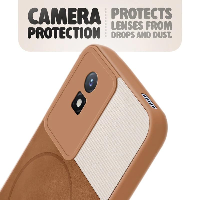 Image of Bintage case Dual-Leather Macc-Safe Design Phone Case| Soft Touch Finish | Full Camera Protectection Back Cover Compatible for Vivo V2252 / Vivo Y02t - White & Nut Brown
