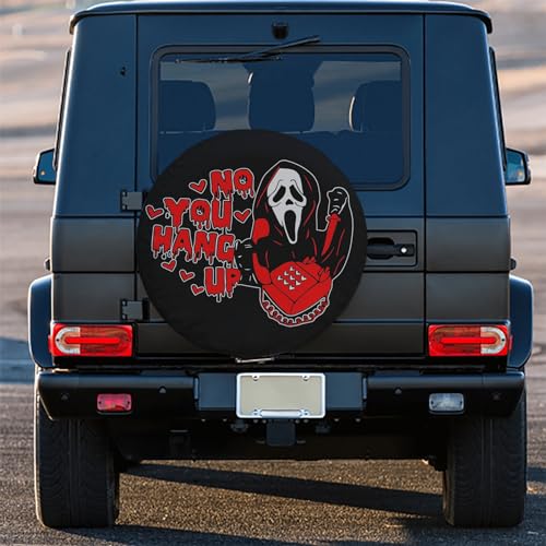 Image of Camper Spare Tire Cover 15 Inch - Horror Ghost Design No You Hang Up - Durable PVC Leather, Waterproof & Dust-Proof - Black Wheel Protector for 15-Inch RV, Trailer, SUV Tires