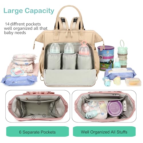 Image of LORADI Convertible Diaper Bag Tote, Water-Resistant Diaper Backpack with Anti-theft Pockets and Stroller Clips, Beige, Large