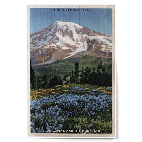 Lantern Press 12x18 Inch Art Print, Home Decor, Rainier National Park, WA, View of Mt. Rainier, Blue...