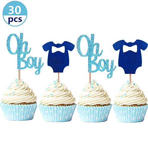 JeVenis Set of 30 Glittery Baby Boy Cupcake Toppers Blue Baby Jumpsuits Ba