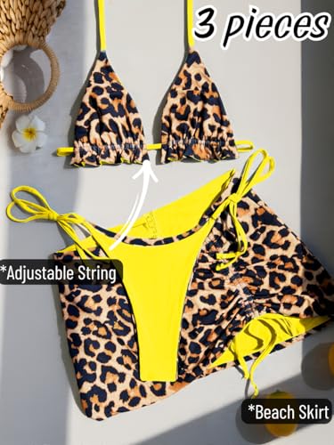 Image of ShawGobow Womens 3 Piece Leopard Bikini Set,Triangle String High Cut Thong Sexy Swimsuit & Coverup Skirt,Pool Party Outfit