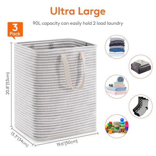 Image of Lifewit 3 Pack Laundry Basket 90L Each, Collapsible Clothes Hamper with Reinforced Handles, Freestanding Waterproof Design for Bedroom and Laundry Room, Grey 270L Total