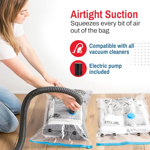 Image of 6 Pack Large Vacuum Storage Bags for Comforters, Blankets & Clothes - Vacuum Sealed Compression Bags with Hand Pump - Space Saver Storage Bags for Bedding, Moving, Travel & Organization | Save closet space by compressing comforters, blankets and clothing for home organization, moving or travel.