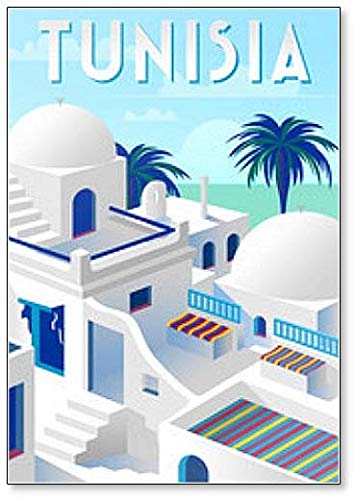 Aimant de réfrigérateur vieille ville de Tunisie avec maisons traditionnelles et palmiers en arrière-plan