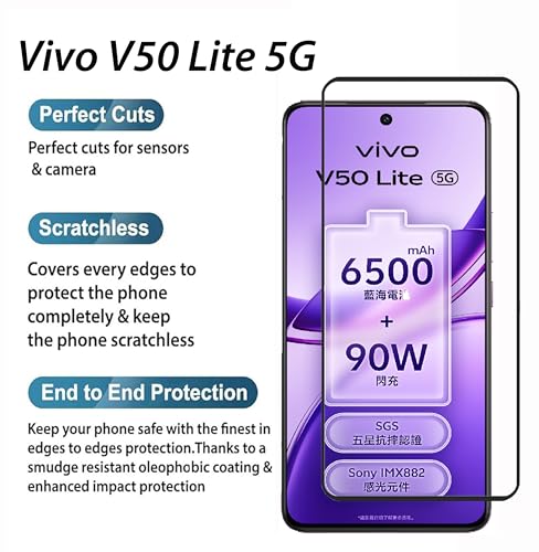 Image of Tempered Glass Screen Protector Compatible with vivo V50 Lite 5G Black Cellphone With Edge To Edge Coverage And Easy Installation Kit