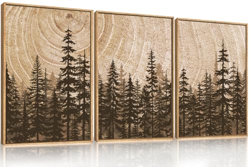 Celestdeco Forest Pine Tree Framed Canvas Wall Art Set,Rustic Woodland