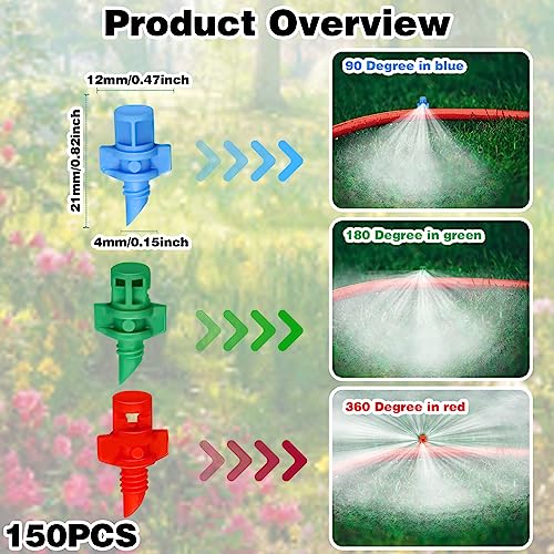 150Pcs Drip Irrigation Emitters, Micro Sprinkler Heads Misting Sprinkler Refraction Micro Sprayer Nozzles for Plants Lawn Water System (90/180/360 Degrees)