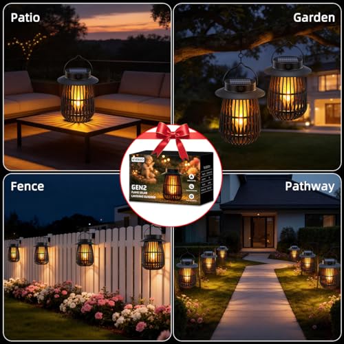 2026 Gen2 Flame Solar Lantern Outdoor Lights, 4Pack Hanging Lantern Decorative with Flickering Flame, Solar Powered Lanterns for Outdoor Decorations by KYEKIO - Image 8