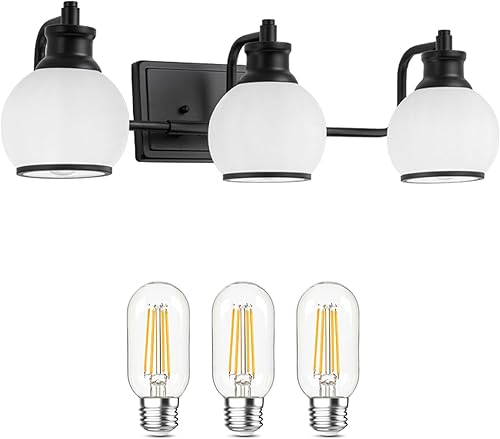 Miniatura 9 de 3 lámparas modernas de baño sobre espejo (bombillas LED incluidas), luces negras para pared de baño con pantallas de cristal de globo blanco lechoso