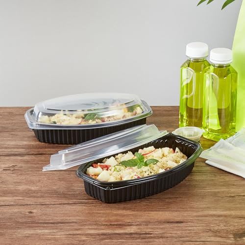 Image of Restaurantware-RW Base 24 Ounce Meal Prep Containers, 100 Microwavable To Go Containers With Lids - Disposable, Freezable, Black Plastic Oval Food Containers, Pack Hot And Cold Food, For Takeaway