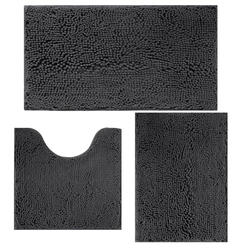 3 Piece Bathroom Rugs Set, Non-Slip Bath Mats with PVC Backing, Super Absorbent Washable Plush Carpet, Soft Shag Rug for Bathroom Bedroom Kitchen Home Decor (Dark Grey)