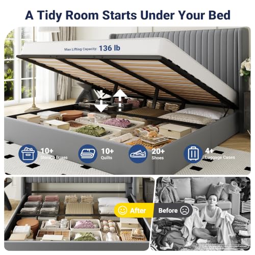 Image of Allewie King Size Lift Up Storage Bed Frame Channel Tufted Headboard Grey